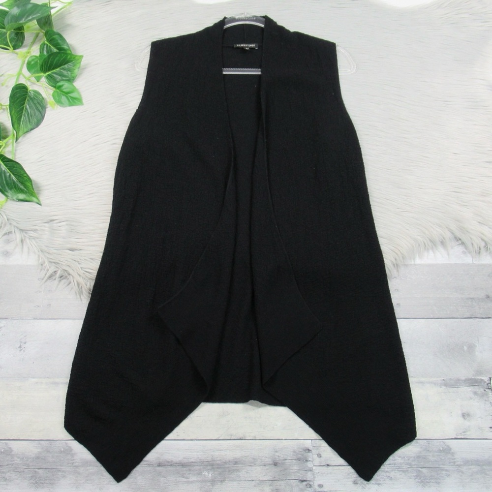 EILEEN FISHER Black Wool Knit Open Front Sleeveless Sweater Cardigan Vest Medium